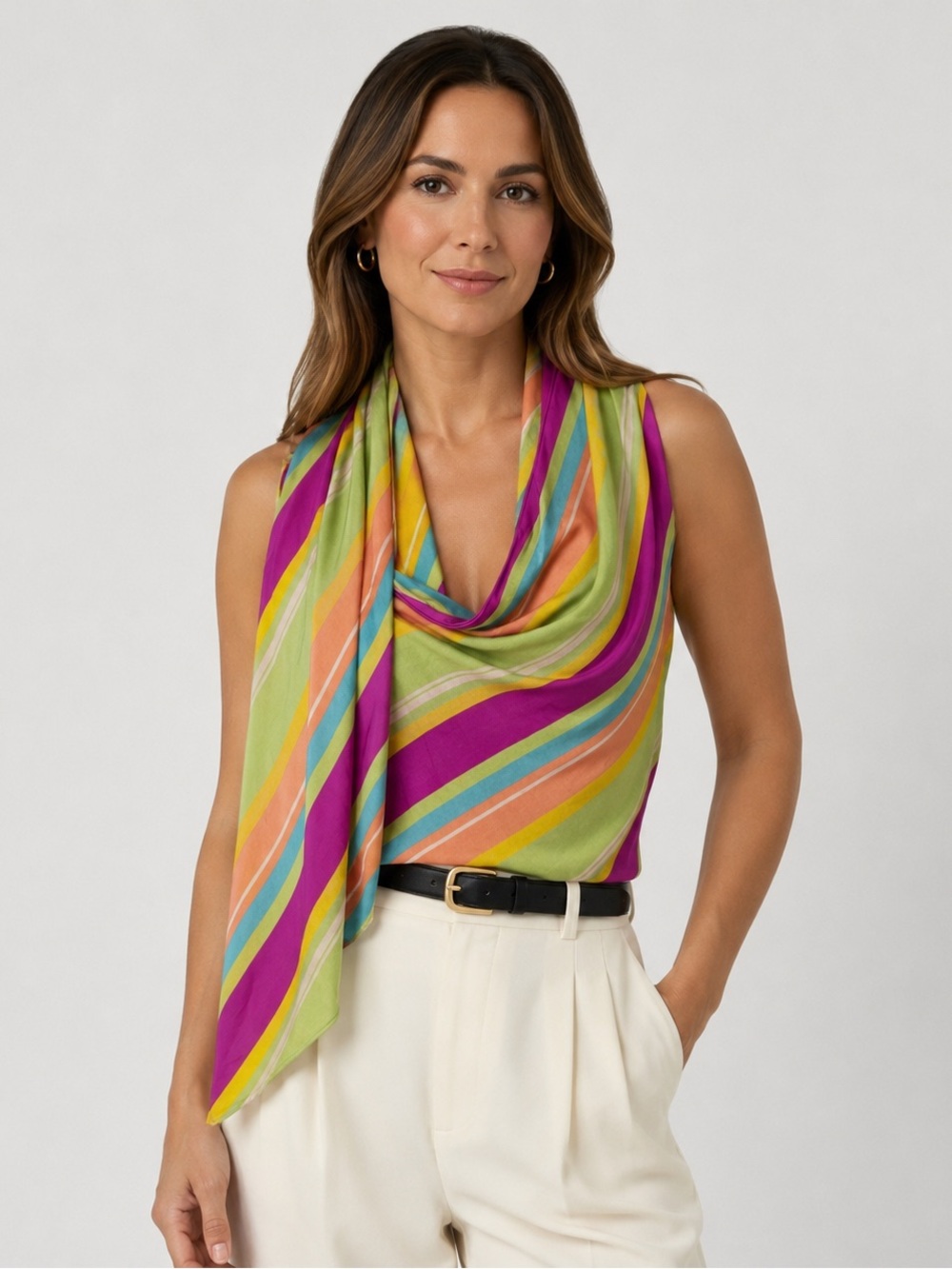 Ralph Lauren Black Label Colorful Silk Striped Scarf Blouse Large